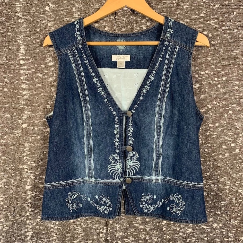 Christopher & Banks Denim Floral Embroidered Vest Boho Western Women's Medium